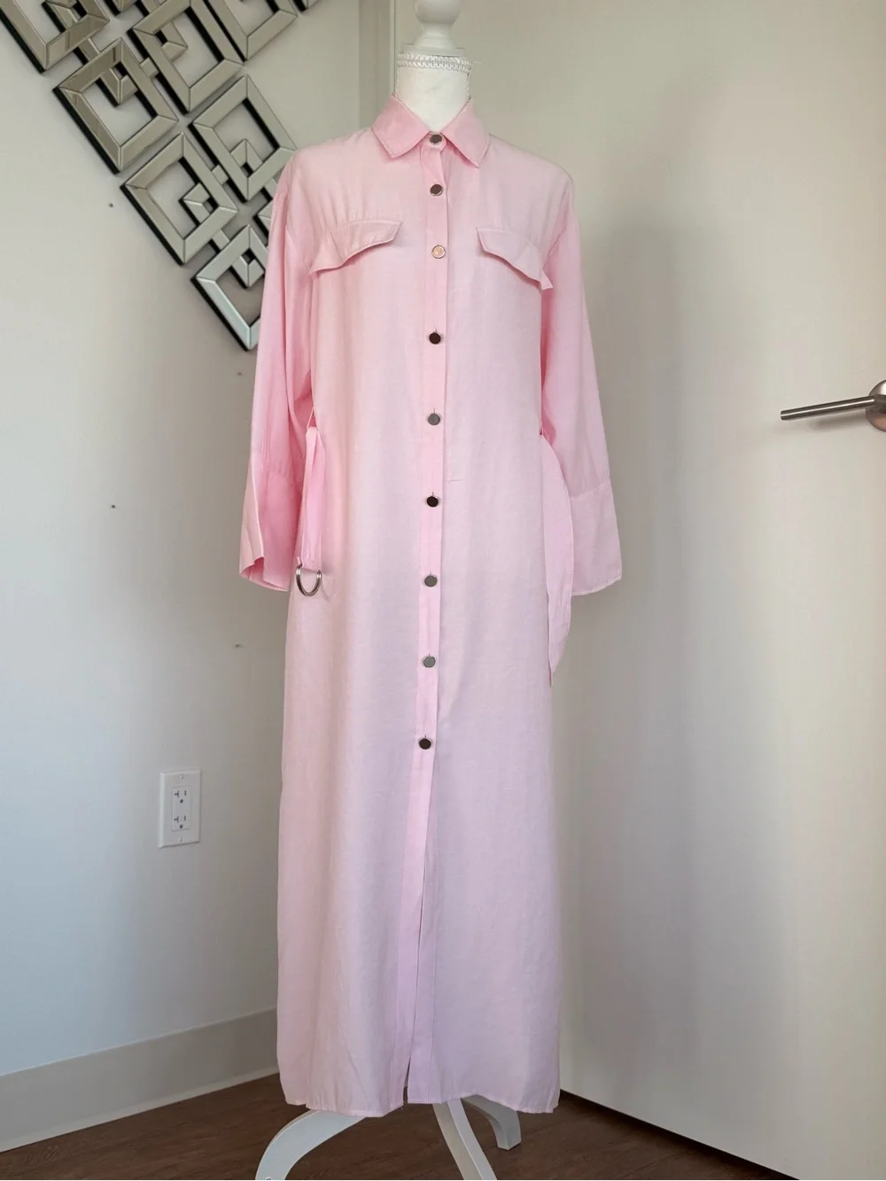 Long Pink Button-Front Shirt Dress